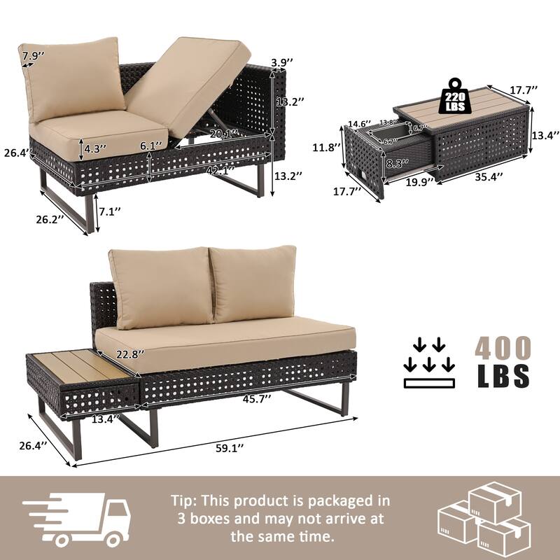 6-Piece Outdoor Sectional Sofa Set with Adjustable Recliner, Ice Bucket Coffee Table & Side Tables