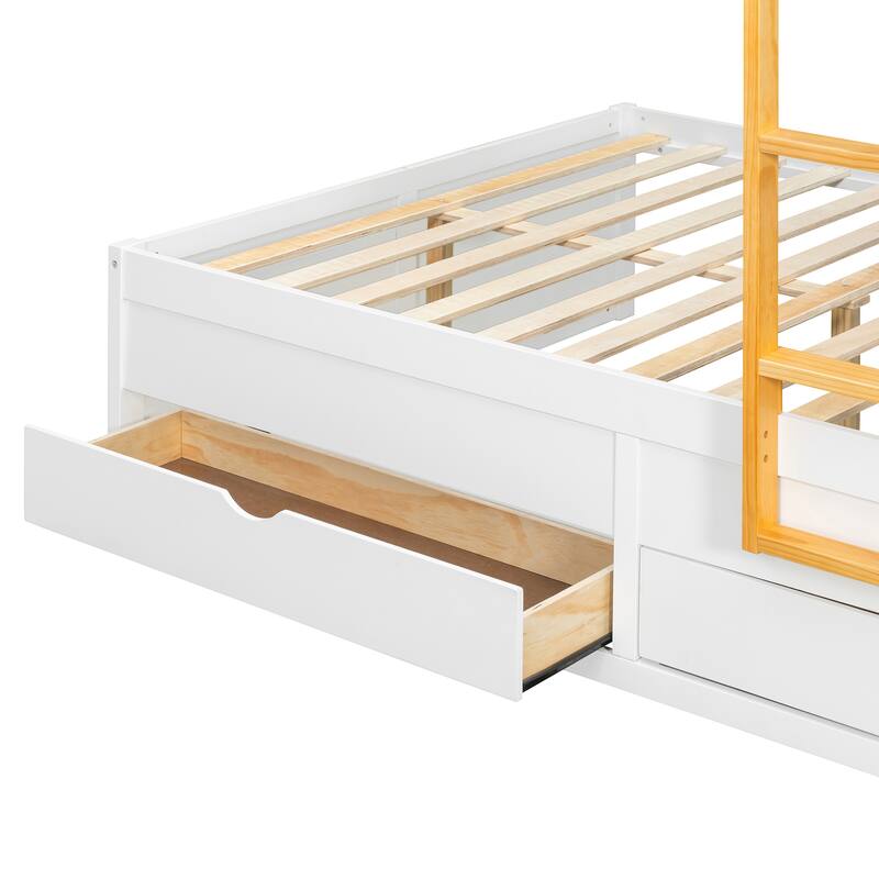 Full Size Bunk Bed with Storage - 2 Large & 5 Small Drawers, Small Wardrobe, MDF & Solid Wood