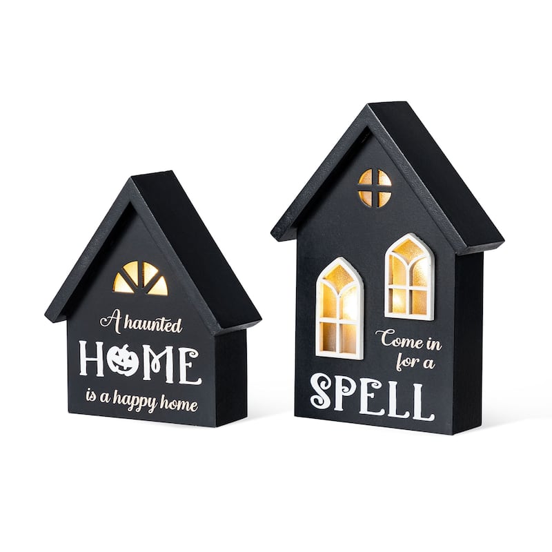 Glitzhome 8"H Set of 2 Lighted Halloween Wooden Hauted House Table Decor