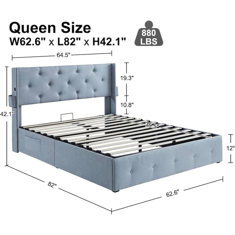 Full Size Bed Frame with Gas Lift Storage Bed with Modern Wingback Headboard, USB Ports
