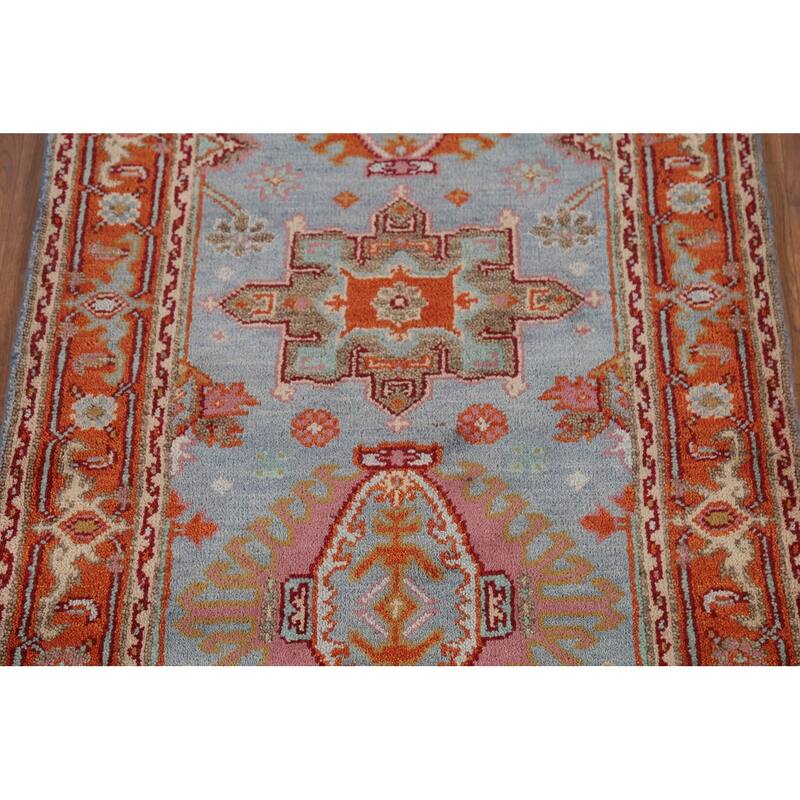 Blue Geometric Khotan Indian Accent Rug Hand-Knotted Wool Carpet - 3'1"x 5'2"