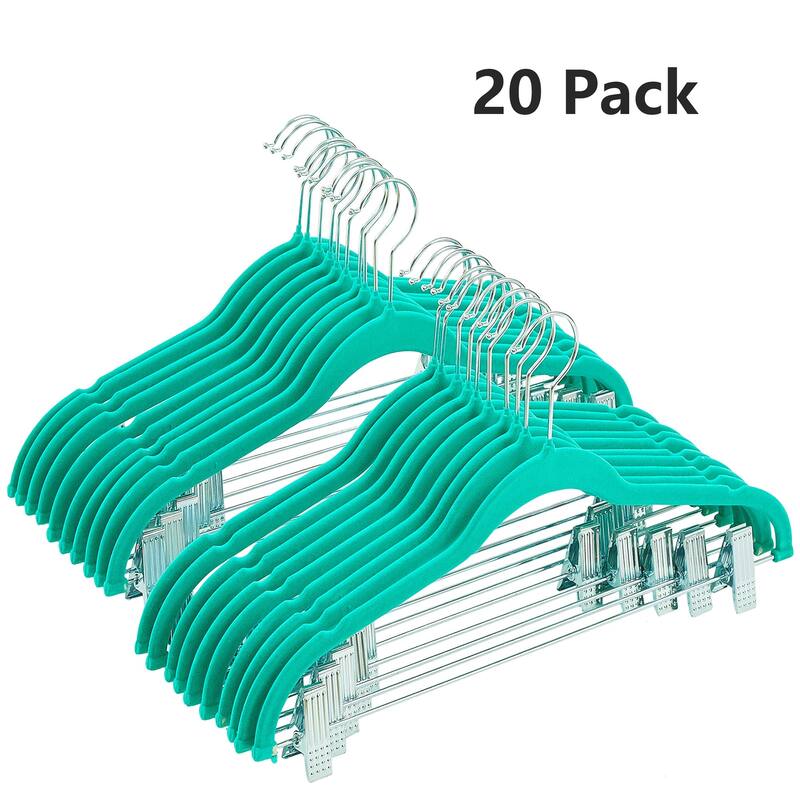 VECELO 20-Pack Pant Hangers (Black/Grey/Pink/Beige/Green) Clothes Hangers Non-slip Space-saving Clothes Hangers - 20 Pack - Green