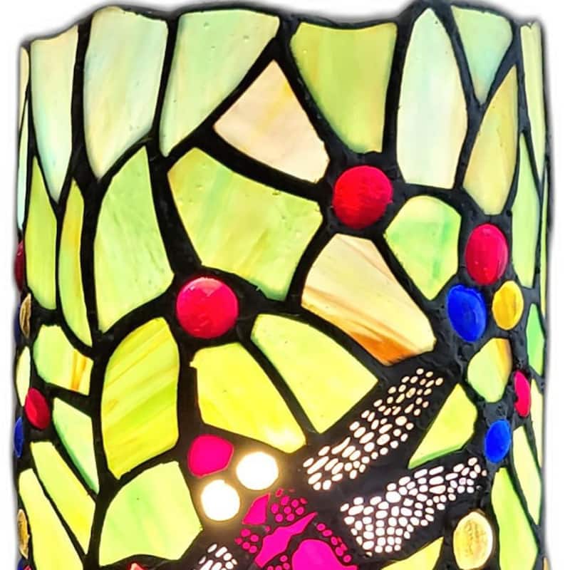 Dark Brown Resin Mini Table Lamp with Stained Glass Dragonfly Shade - 6” x 6” x 10.5” (D x W x H)