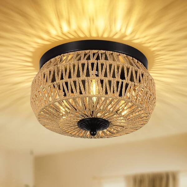 slide 2 of 9, 3-Lights Rattan Flush Pendant Light Brown