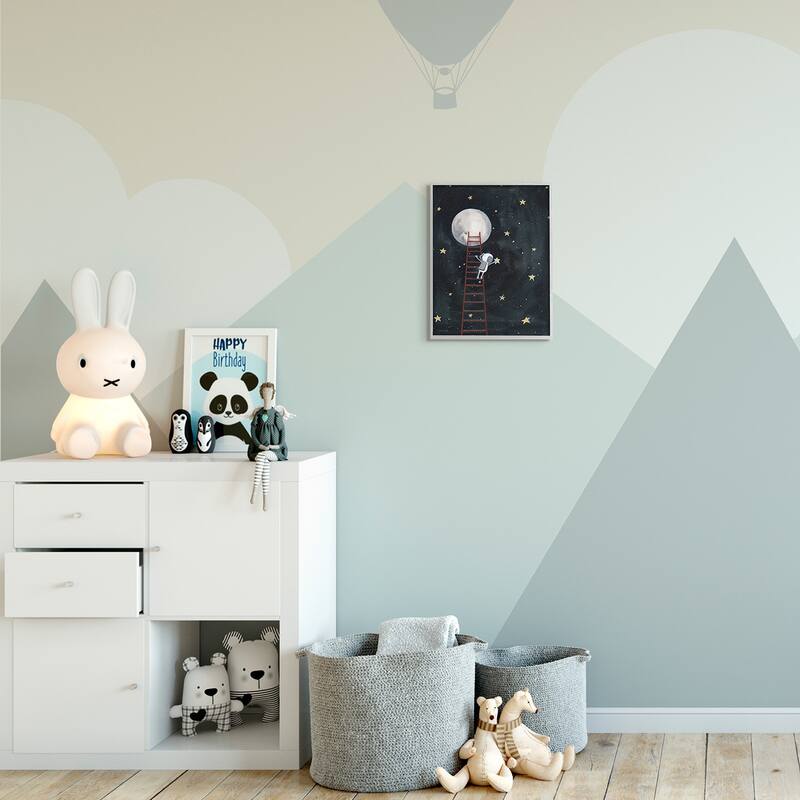 Stupell Astronaut Hanging Stars Outer Space Ladder to Moon Framed Giclee Texturized Art by Rachel Nieman