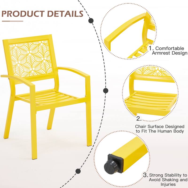 Outdoor Patio Set, Weatherproof Iron Bistro Table & Chairs, Floral Back Design, Space-Saving（Green/ Blue/ Yellow/ Black）