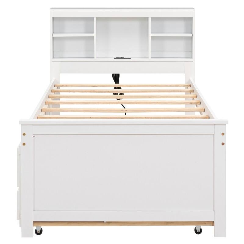 Wooden Twin Size Platform Bed with Storage Headboard, USB, Twin Size Trundle and 3 Drawers