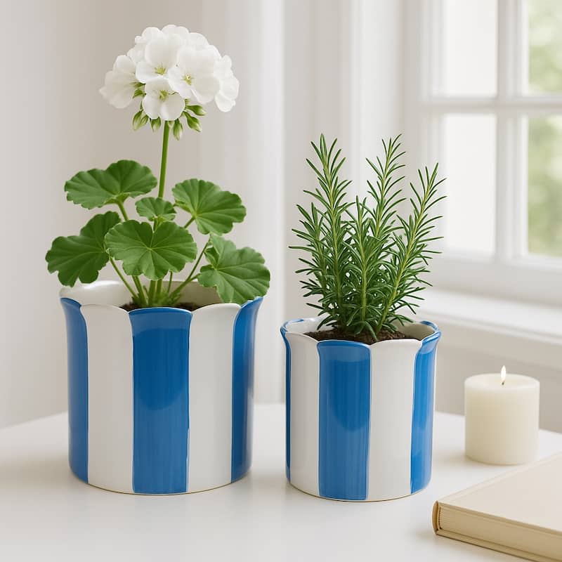 Ceramic Striped Flower Pots with Scalloped Edge - Set 2, 8", 6" - 8.0"
