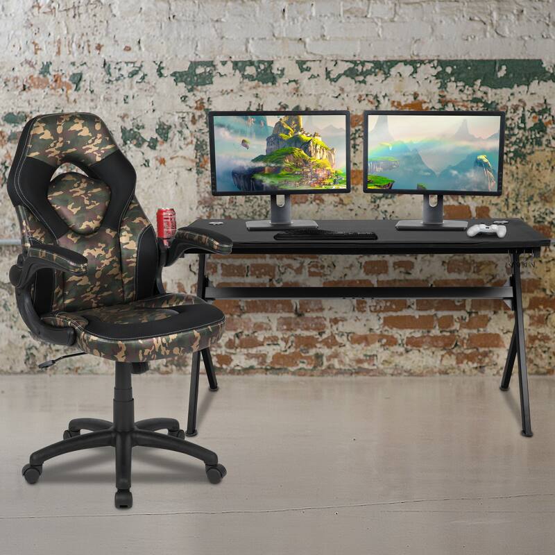 Gaming Desk Bundle - Cup & Headphone Holders/Mouse Pad Top - Camouflage