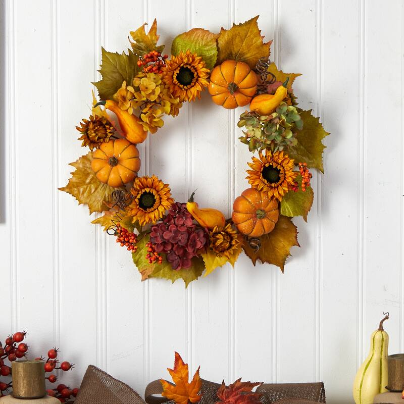 Sunflower with Hydrangea and Pumpkin Artificial Fall Harvest Wreath, 22-Inch
