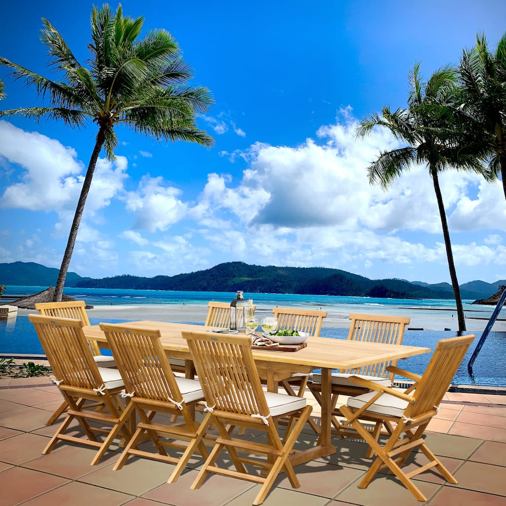 9 Piece Teak Wood Miami Patio Dining Set with Rectangular Extension Table, 8 Folding Arm and Side Chairs