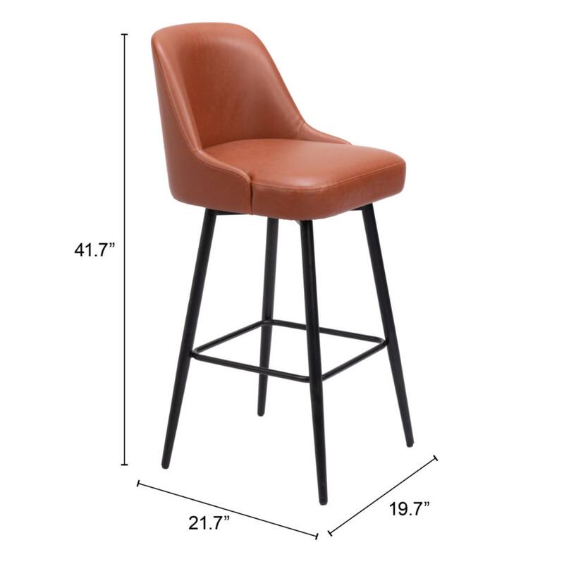 30” Bar Height Swivel Stool with Brown Faux Leather Bucket Seat and Black Steel Frame for Kitchen - 41.7”H x 19.7”W x 21.7”D
