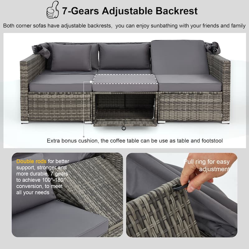 EROMMY 6-Piece Patio Furniture Set, Rattan Daybed with Canopy and Adjustable Backrest