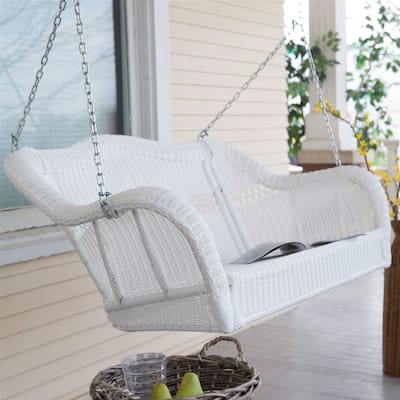 Daily Boutik White Resin Wicker Porch Swing with Hanging Chain - 600-lb Weight Capacity