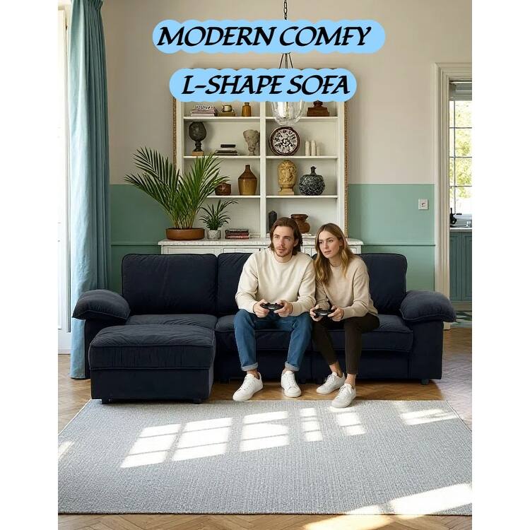 Upholstered L-Shaped Sectional Sofa Couch with Ottoman, Modern Fabric Deep Seat Sofa