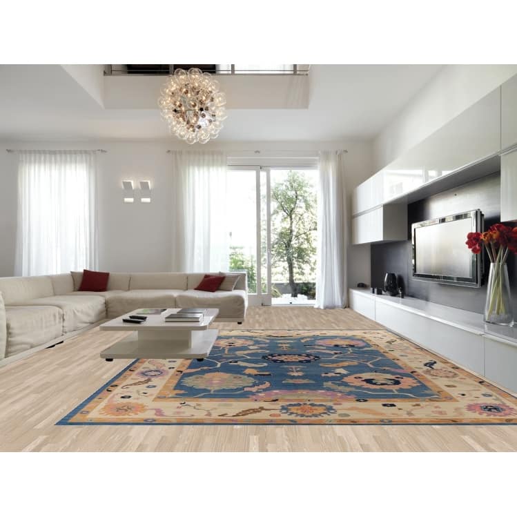 Hand Knotted Oriental 100% Wool Carpet Transitional All-Over Navy Blue & Blues Oushak Area Rug - 15' 7'' X 12' 3''