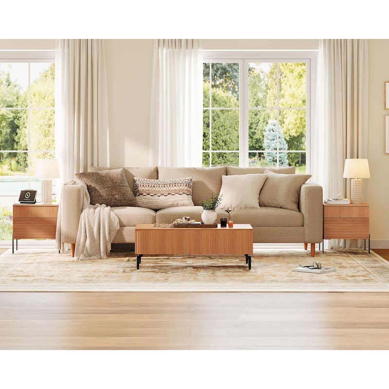 WAMPAT Fluted Nightstand with Charging Station,Modern Side Table with 2 Drawers