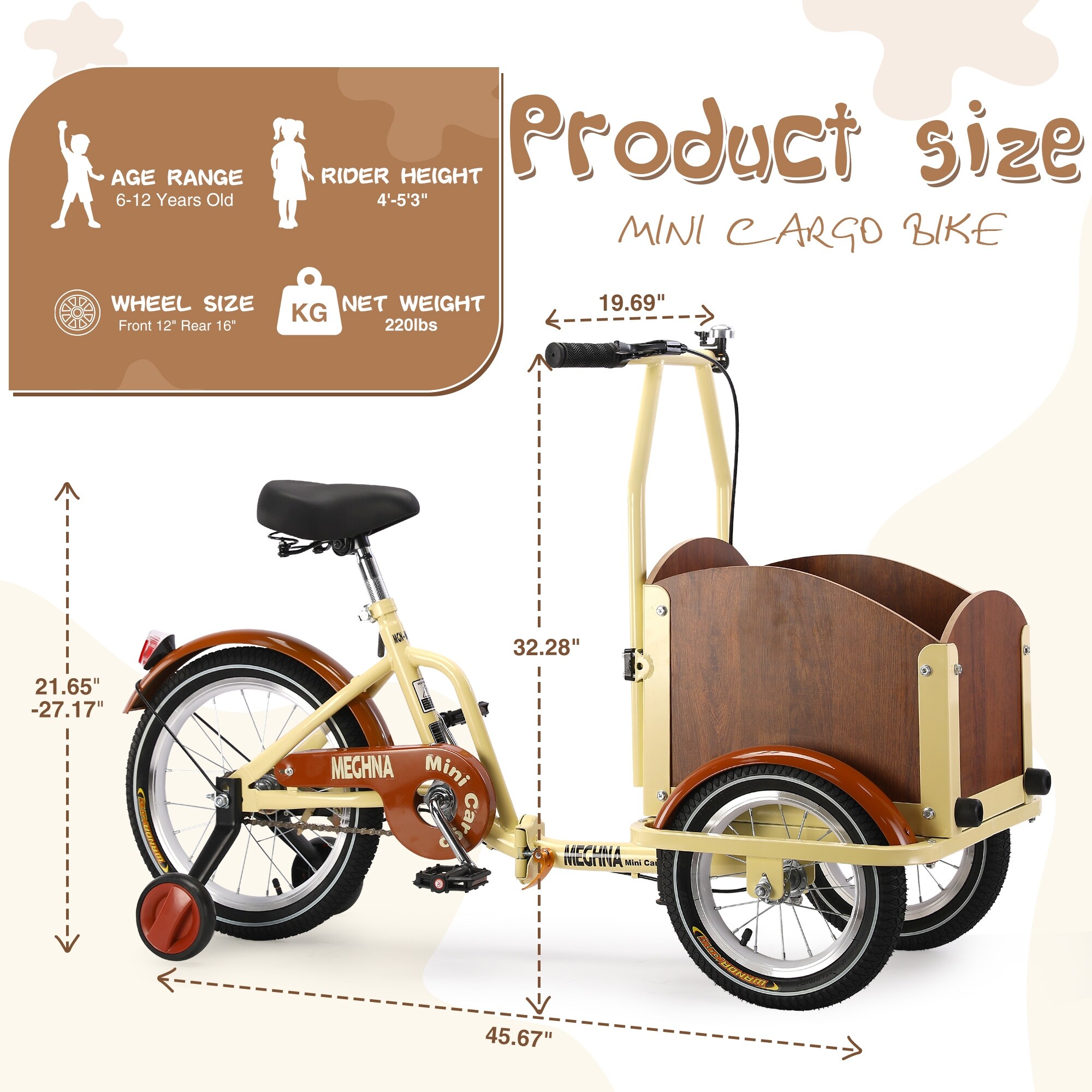 Foldable Mini Cargo Tricycle for Kids Ages 6-12 with Pet Basket
