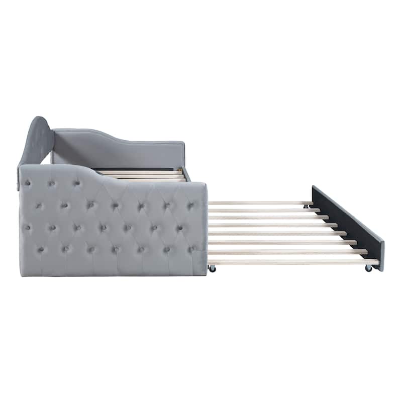 Wooden Slat Daybed Frame, Tufted Upholstered Sofabed with Trundle Bed, USB & Type-C Charging Ports on Armrest, Velvet Panel Bed