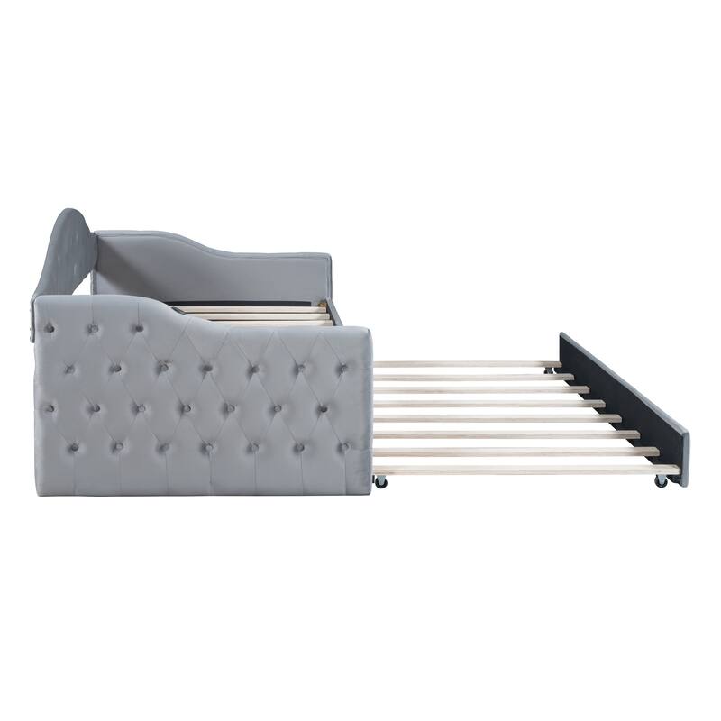 Twin Size Tufted Velvet Daybed with Trundle, USB & Type-C Charging, No Box-Spring Needed
