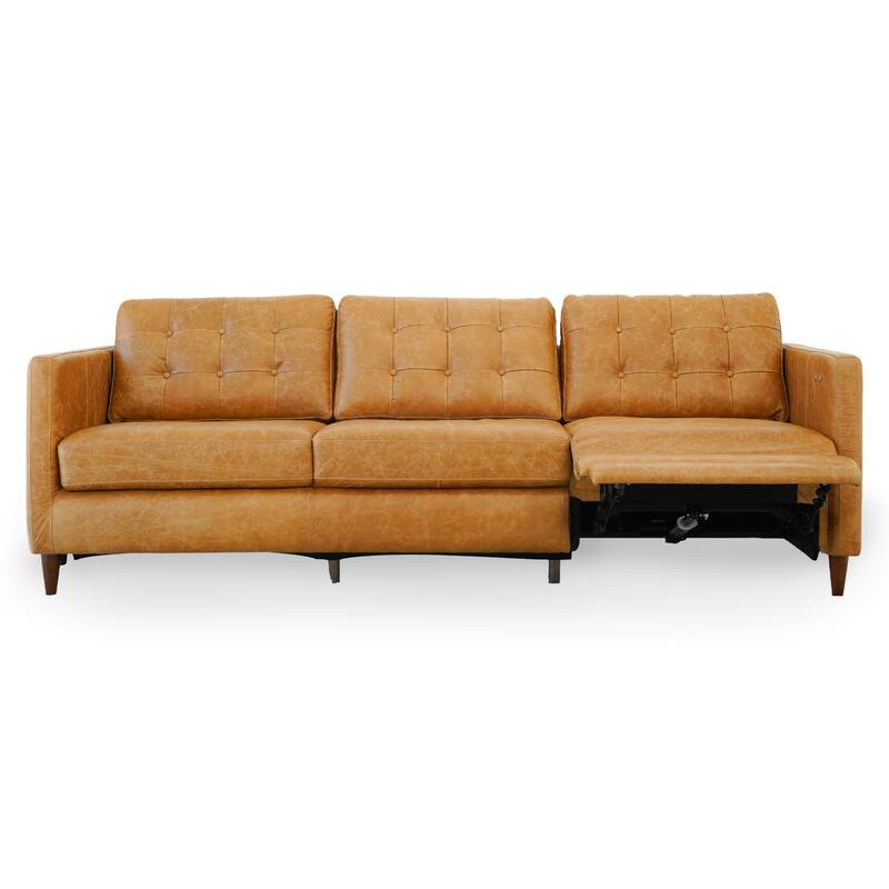 Ellis Mid-Century Modern Genuine Leather Power Incliner Sofa in Waxy Tan