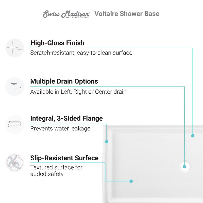 Voltaire 60" x 36" Acrylic White, Single-Threshold, Center Drain, Shower Base