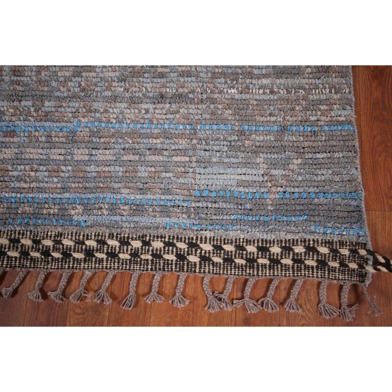 Blue Striped Moroccan Abstract Area Rug Hand-Knotted Wool Carpet - 8'0"x 12'7"
