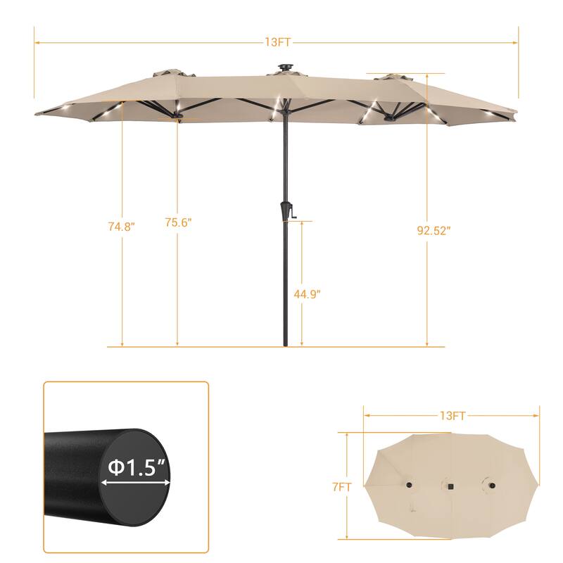 LIVOOSUN 13 x 7.2ft Large LED Double-Sided Rectangular Outdoor Patio Market Umbrella with Crank, Solar Panel, Navy Blue