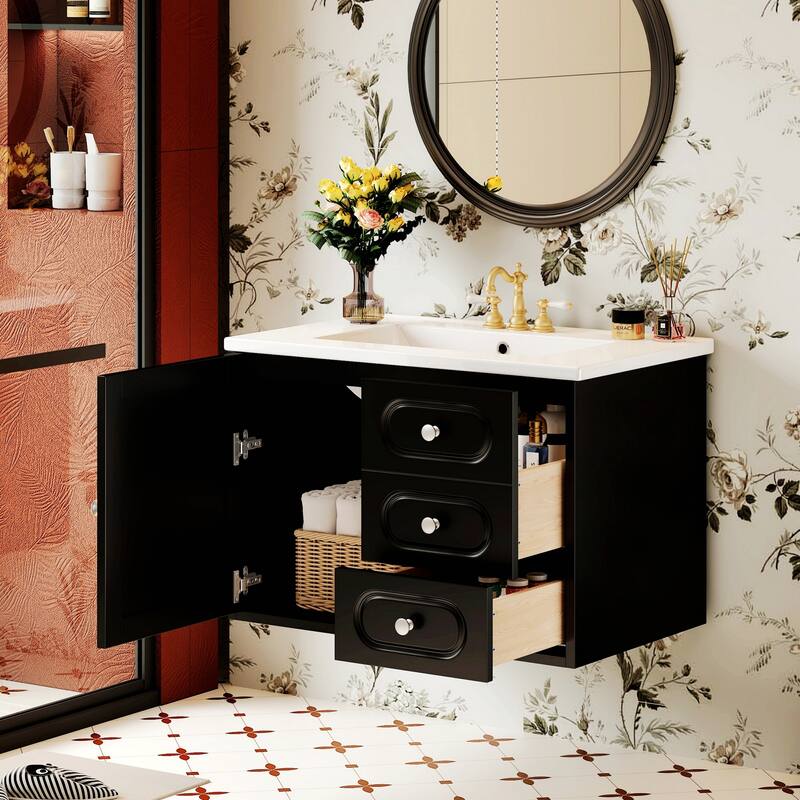 Bathroom Vanity with Ceramic Sink,Two Drawers,and Large Storage Space for Elegant and Functional Bathrooms - Black