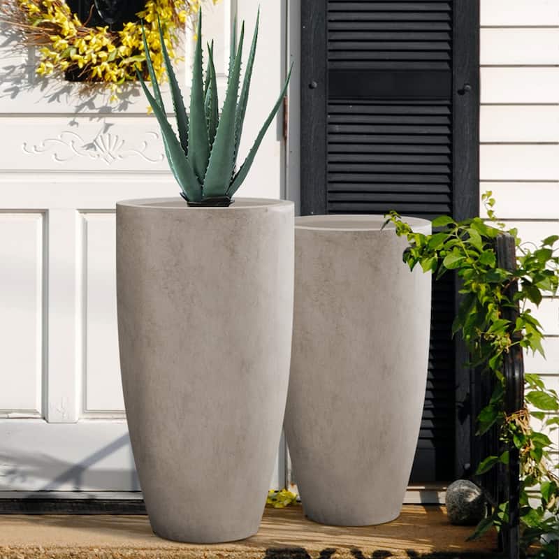Kante 31.4" and 23.6"H Weathered Finish Concrete Tall Planters (Set of 2), Large Outdoor Indoor