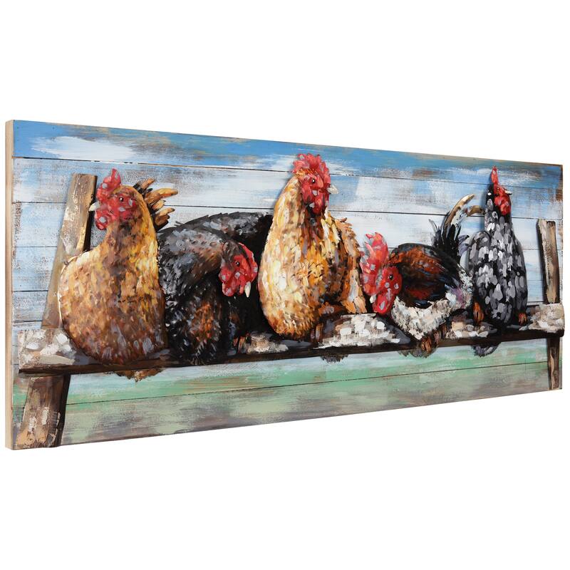 "Chickens" Handed Painted Iron Wall Sculpture on Slatted Solid Wood Wall Art