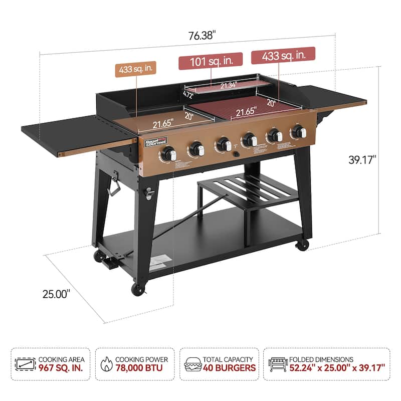 Royal Gourmet GD601Y 6-Burner Gas Grill and Griddle Combo, Large Cooking Capacity, 78,000 BTU