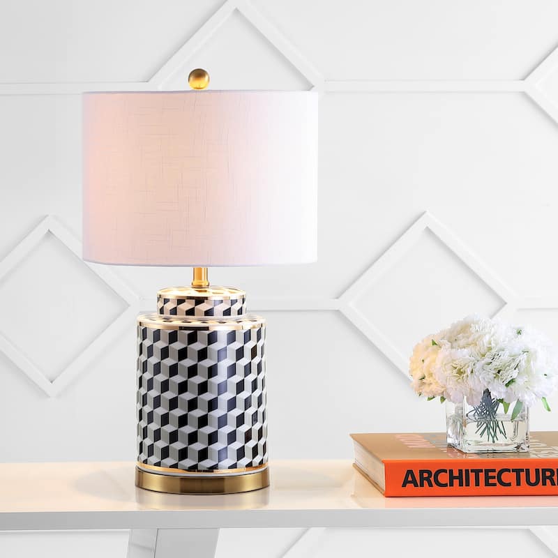 Vienna 24.5" Tumbling Block Ceramic/Metal LED Table Lamp, Black/White by JONATHAN Y