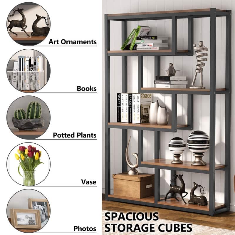 6-Tier Etagere Bookcase, Modern Industrial Staggered Bookshelf