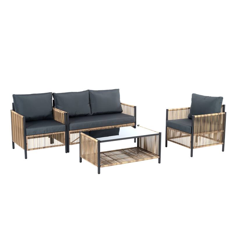 4-Piece Outdoor PE Wicker Sofa Set, All Weather Patio Conversation Furniture Set with Removable Cushions and Coffee Table