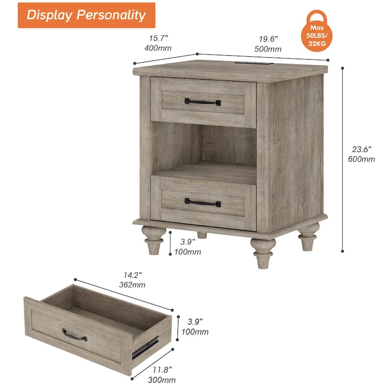 Farmhouse End Table Nightstands with Charging Station & Drawer