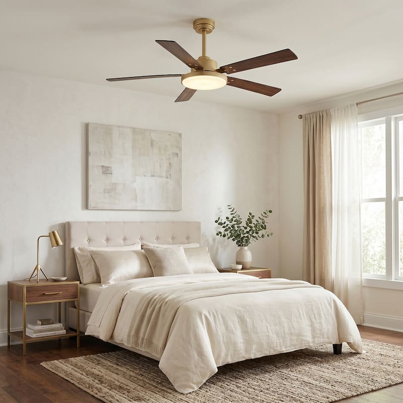 52" Antique Brass Wooden 5-Blade Modern Smart Ceiling Fan with Light and Remote, APP Control