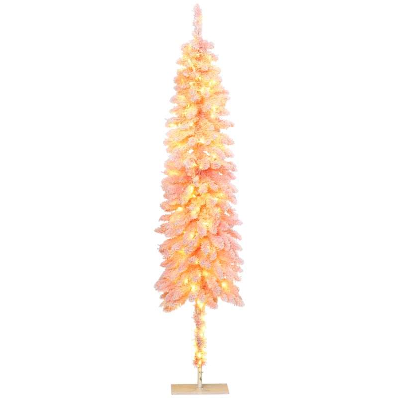 HOMCOM 6ft Tall Pencil Prelit Artificial Christmas Tree Holiday Décor with 703 Snow Flocked Branches, Pink
