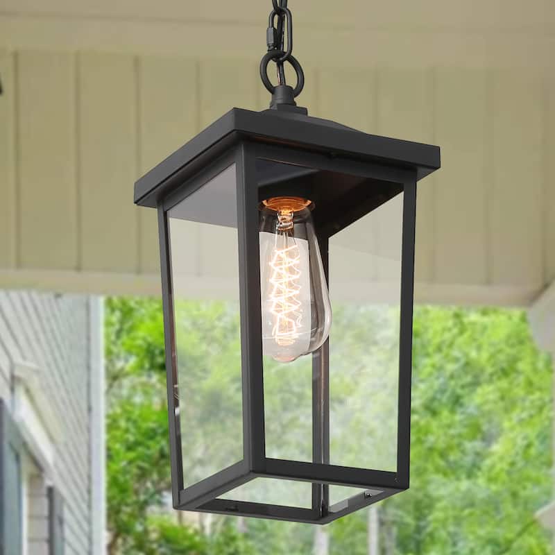 Bern Modern 1-Light Black Outdoor Ceiling Lights Lantern Porch Pendant Light - L 6.3"x W 6.3"x H 13"