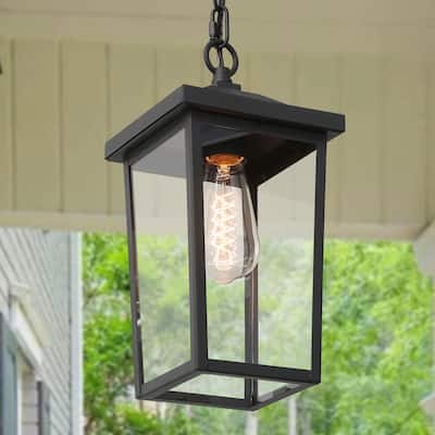 Bern Modern 1-Light Black Outdoor Ceiling Lights Lantern Porch Pendant Light - L 6.3"x W 6.3"x H 13"