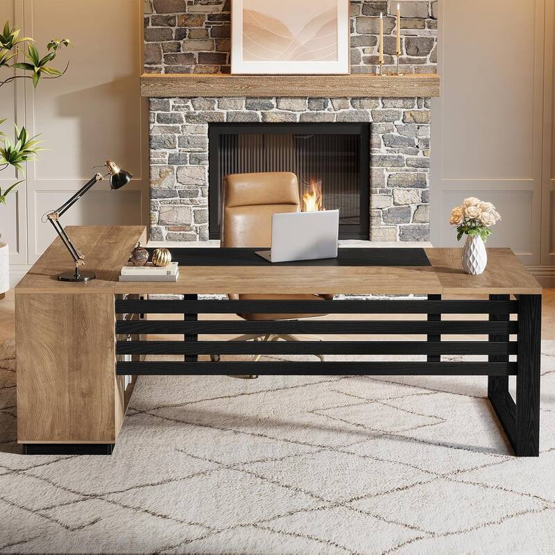 78" L Shaped Modern Wood Executive Office Desk with Storage Cabinet & Shelves