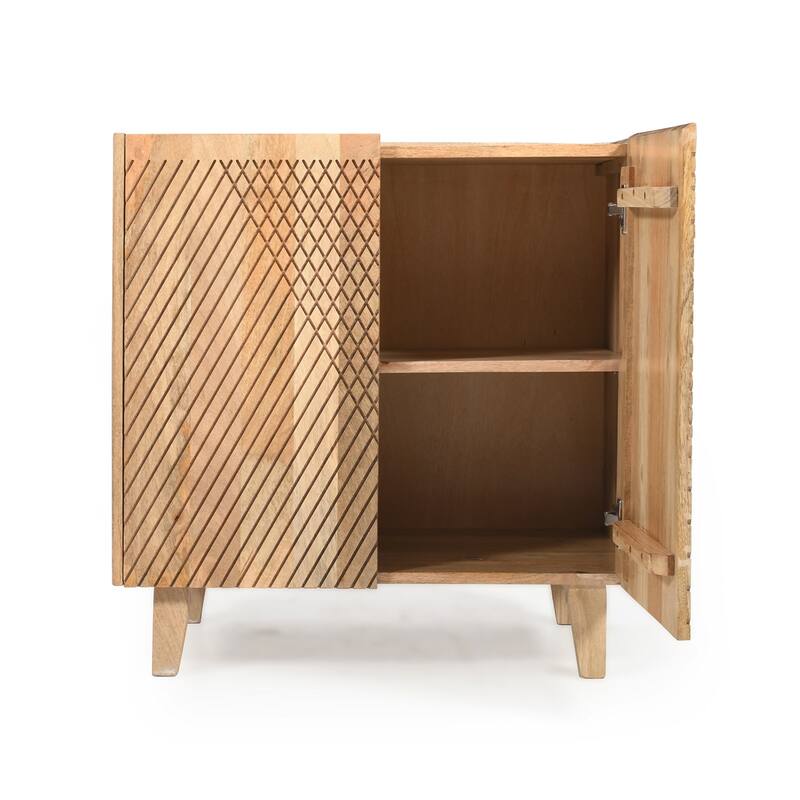 Sideboard Cabinet with 2 Fluted Doors, Mango Wood Storage Cabinet, Buffet Cabinet with Adjustable Shelf & Tapered Legs