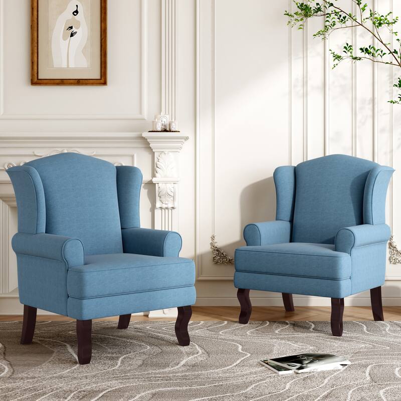 2 Set Traditional Rolled Arm Wing Back Accent Chair - Sky Blue-Linen