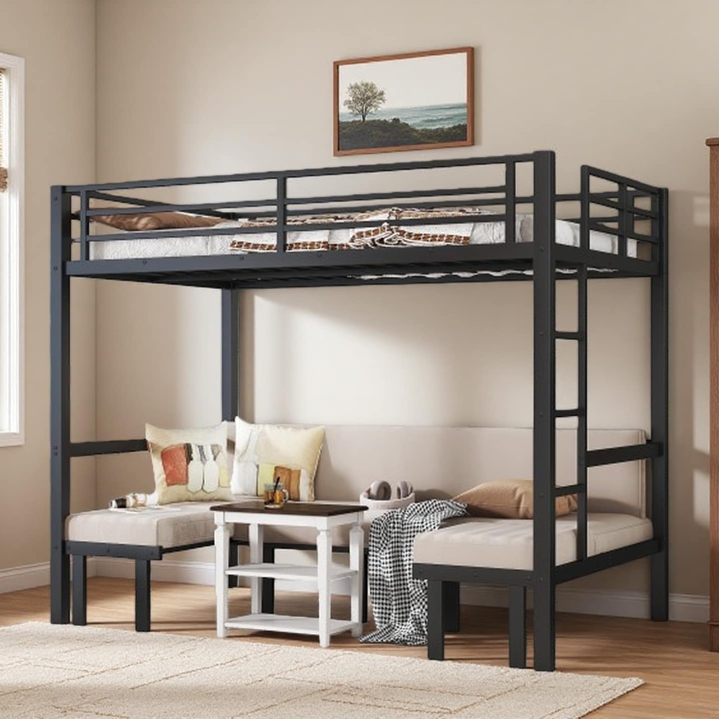 Full Size Metal Bunk Bed with Convertible Pull-Out Lower Platform, Multi-Position Expandable Bottom Bed