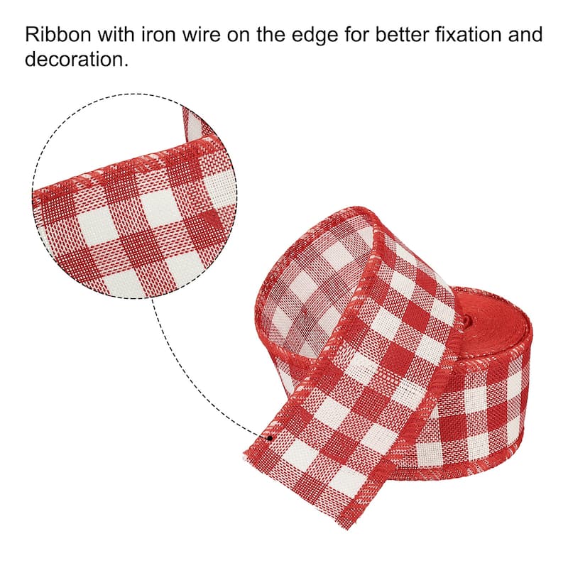 2 Inch Wide 6.56 Yards Gingham Ribbon Wired Edge, Red and White - 2 inch x 6.56 Yard (W*L)