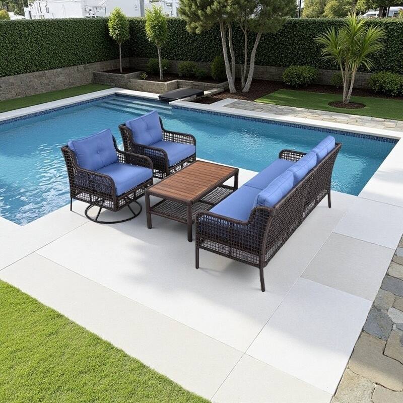 4-Piece Rattan Sectional Conversation Set with 360° Swivel Chairs, 3-Seat Sofa & Wood-Top Coffee Table - Blue