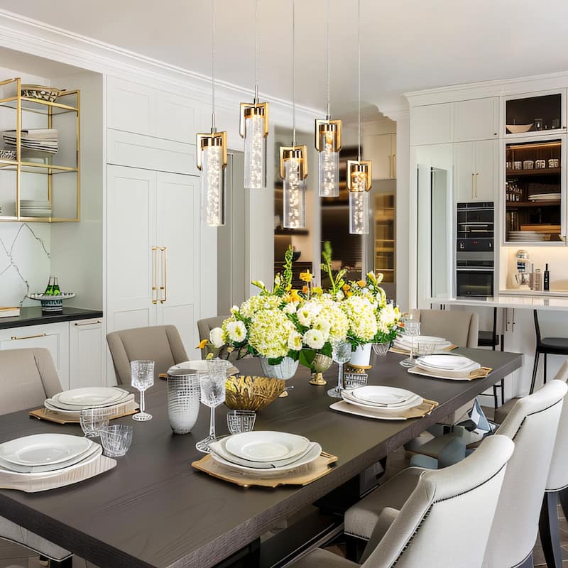 Modern 5-Light Fixture Gold Brass Linear LED Chandelier Acrylic Kitchen Island Light for Dining Room - 28.9" × 10.6" × 4.3"