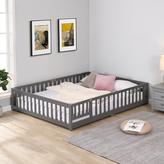 Simple Lodge Design Full Size Platform Bed,Solid Pine Wood Bed Frame with Fence,Safety Guardrails with Door