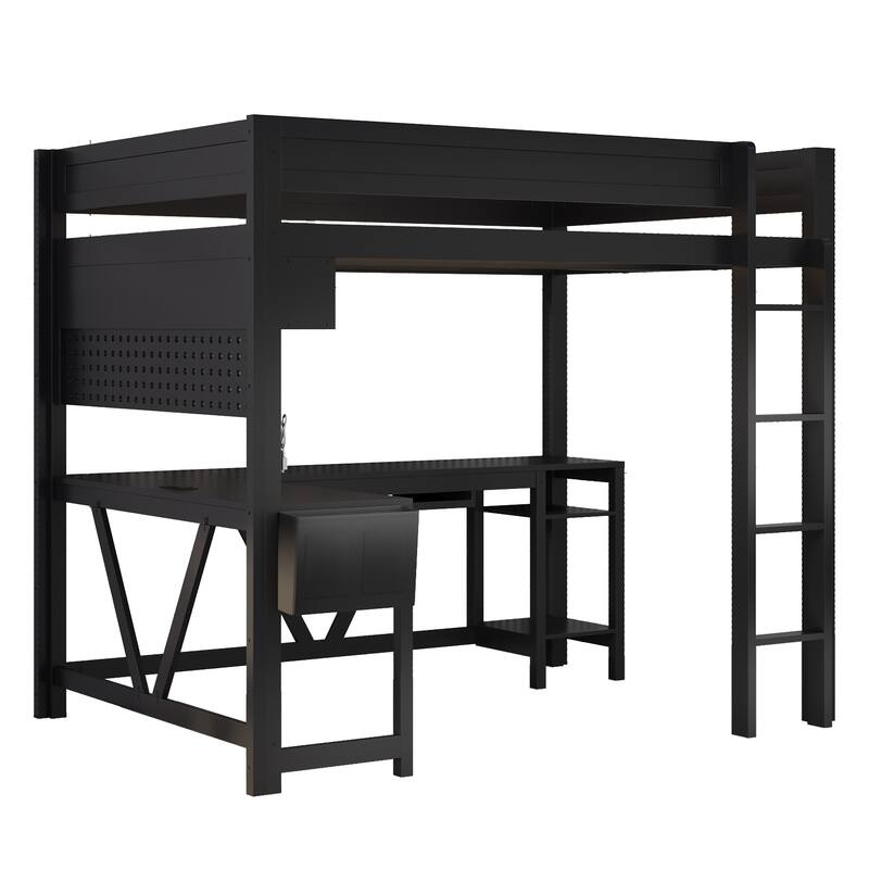 Roomfitters Full Size Gaming Loft Bed with Desk, Storage Shelves and Charging Station, Space-Saving Bedroom Setup