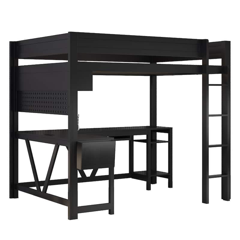 Wood Full Size Gaming Loft Bed Frame with Computer Desk, Grid Storage Panel, Storage Shelves, Cabinet, LED and Charging Station